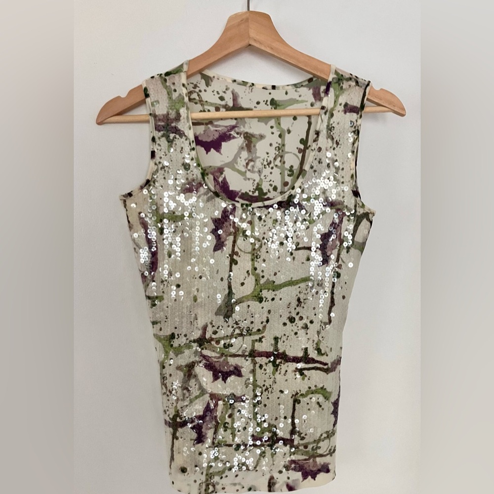 Sequin Abstract floral Paint-Splash Tank Top - Ivory, Green & Purple